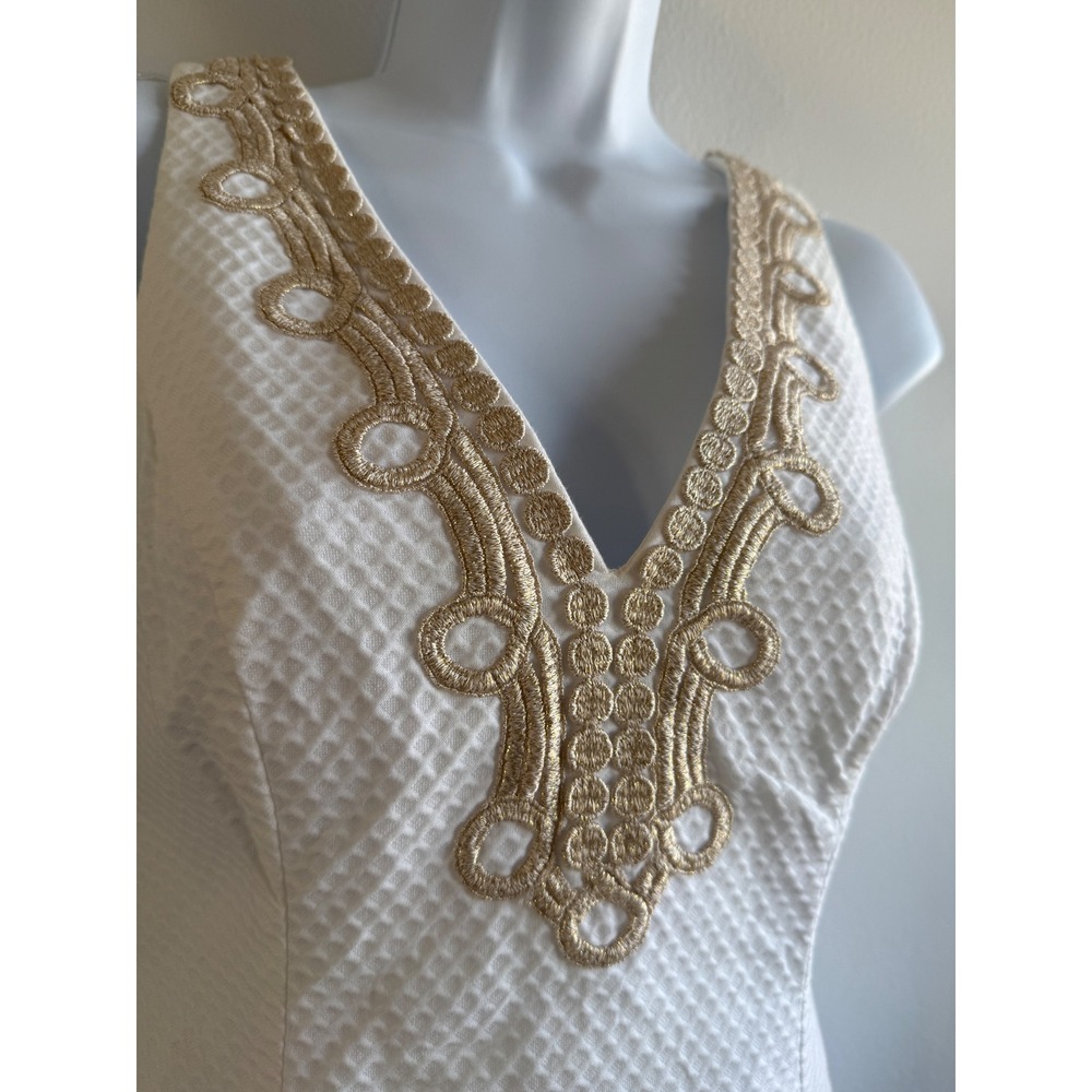 Lilly Pulitzer White Seersucker Gold Soutache V-Neck Shift Dress Size 00 - Picture 3 of 11